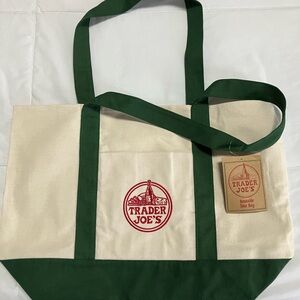 Trader Joe's Green and Cream Tote Bag